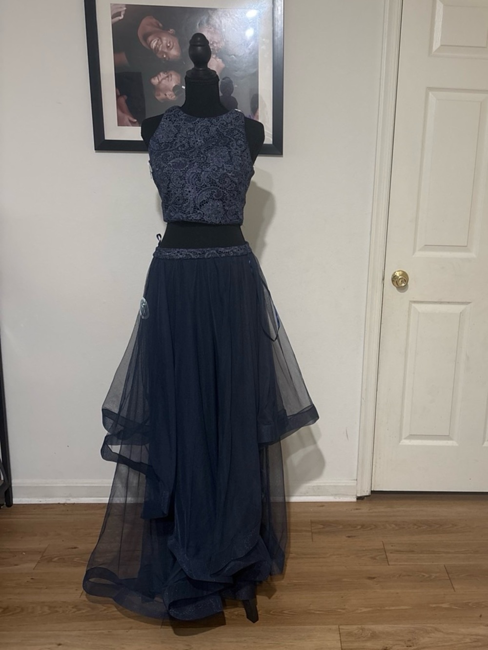 City Triangles Navy Lace Bodice High-Low Tulle Skirt